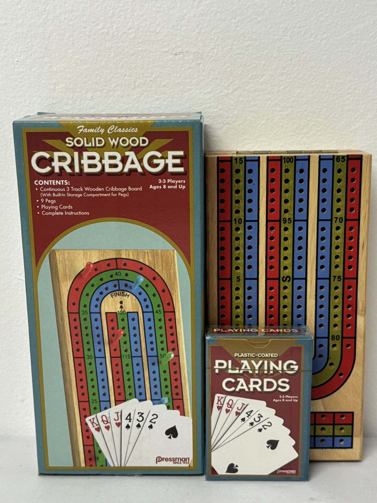 Solid Wood Cribbage – 3 Track Board, Pegs, Cards, and Complete Instructions NEW!