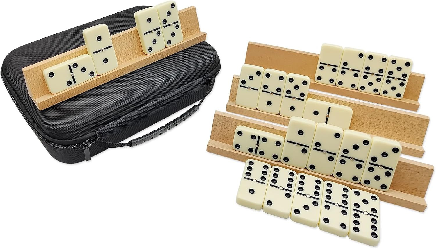 Dominos Set for Adults with 4 Wooden Racks, Double 6 Dominoes Game Set with 28 C