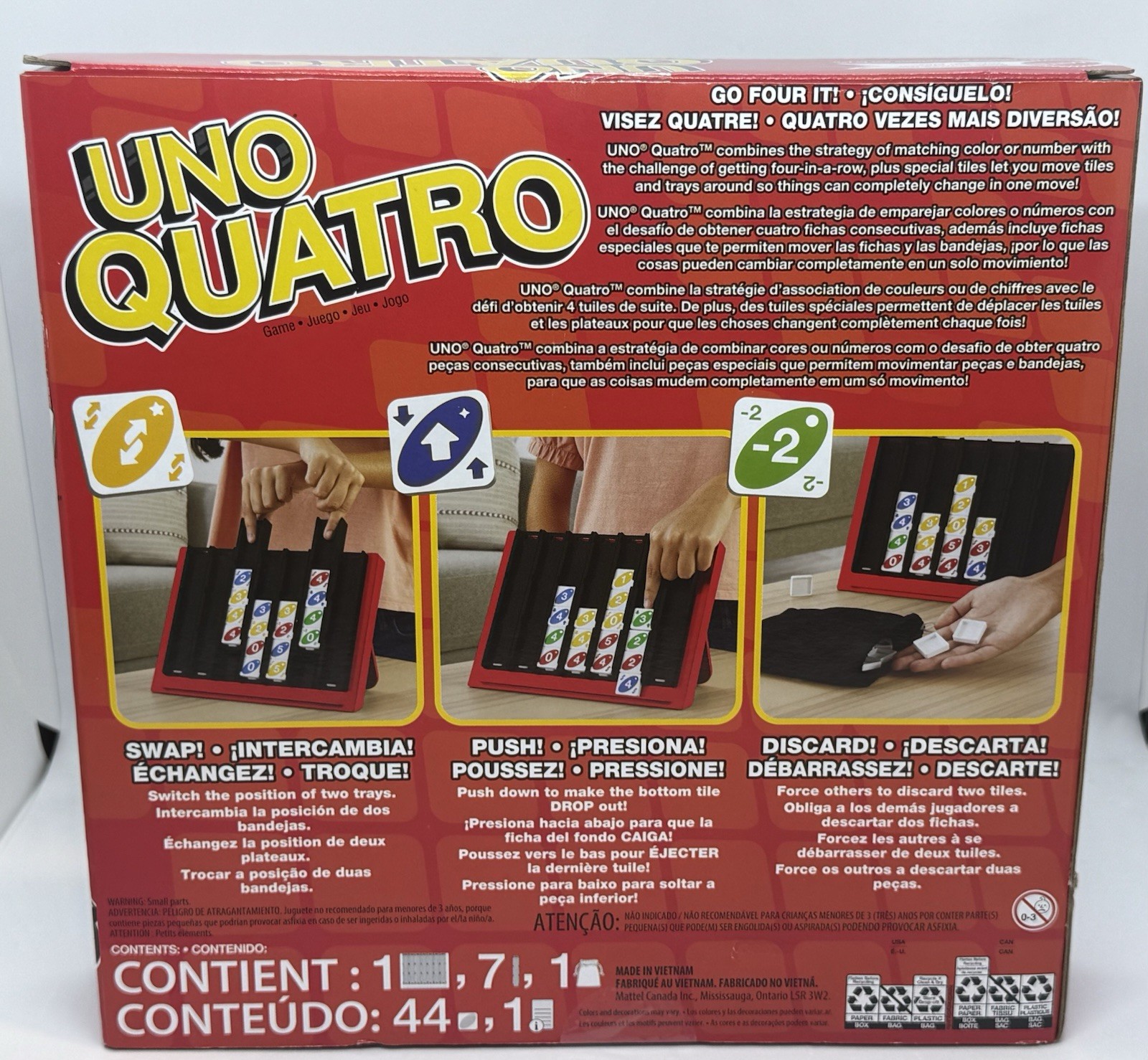 Mattel Games UNO Quatro Game with Colored Tiles & Plastic Grid for Family