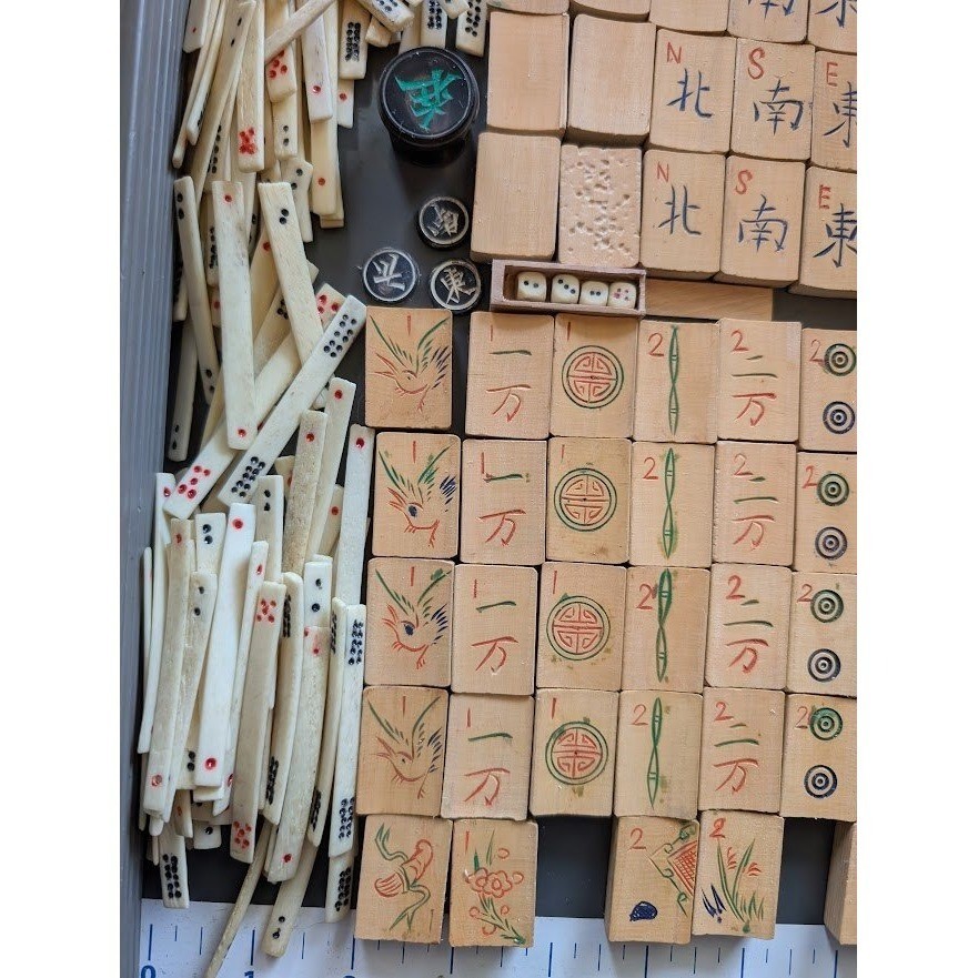 Antique 20s Admiral Mahjong Set Bone Bamboo Tiles Sticks Tin Box Hand Carved