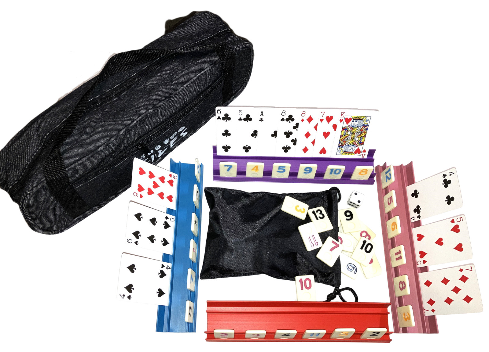 Rummy Tiles Games Set 4 Color Racks In Denim Bag Resin 106 Tiles Rummi 2 Bags