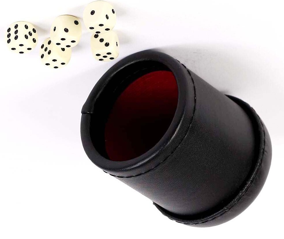 PROFESSIONAL LEATHERETTE BAR DICE CUP AND FIVE ROUNDED CORNER DICE