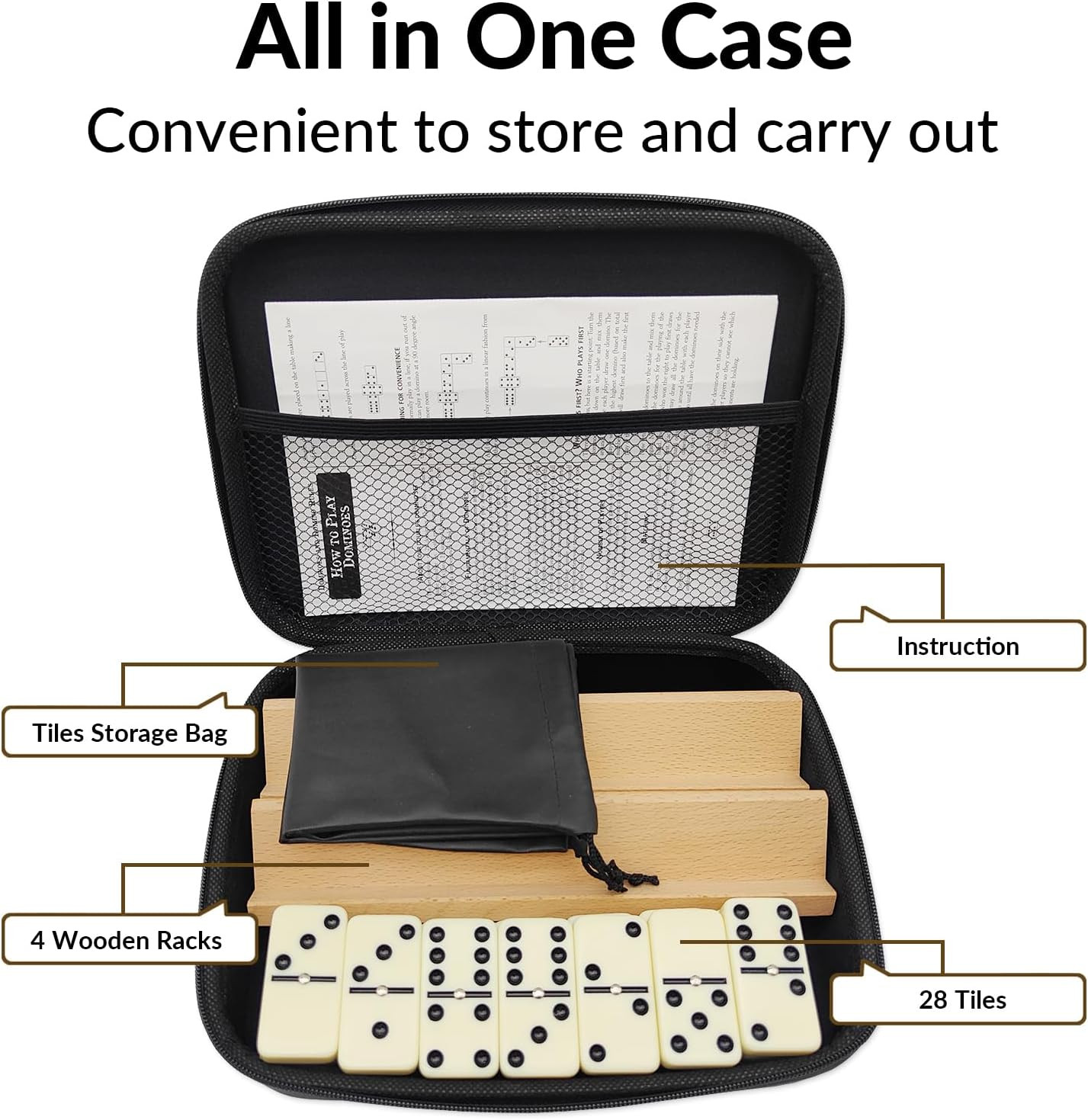 Dominos Set for Adults with 4 Wooden Racks, Double 6 Dominoes Game Set with 28 C