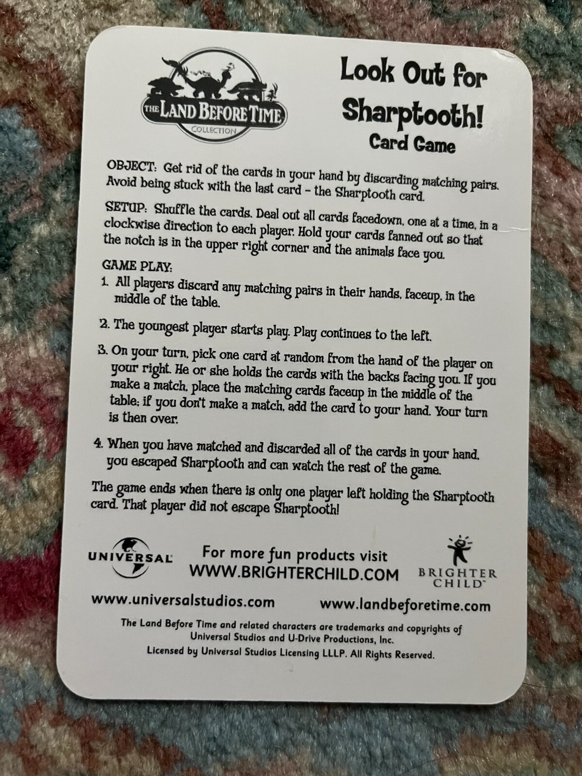 VTG LAND BEFORE TIME LOOK OUT FOR SHARPTOOTH OLD MAID CARD GAME BRIGHTER CHILD