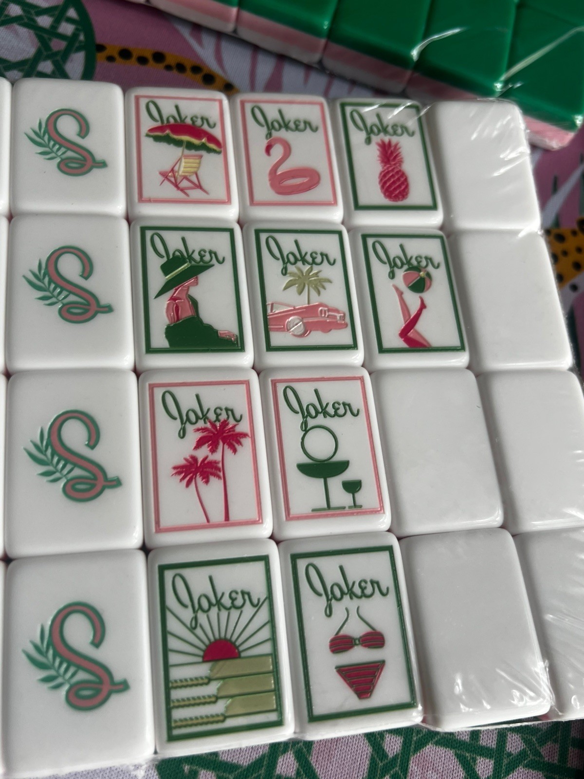 Green and Pink | American Mahjong Tile Set Beachy vibe with Cheetah Palm Mat