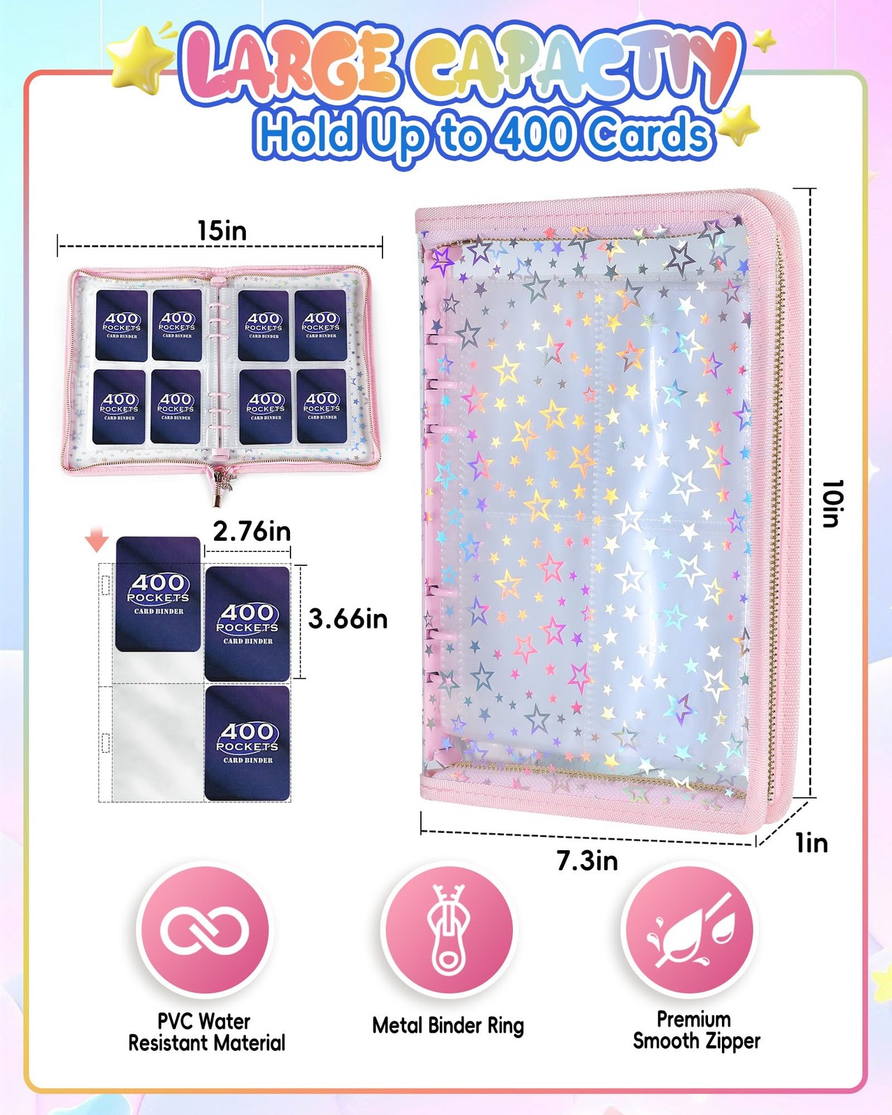 Loiuvos 4 Pocket Card Binder for Girls with 20 Stickers, A5 4-Pocket, A Pink