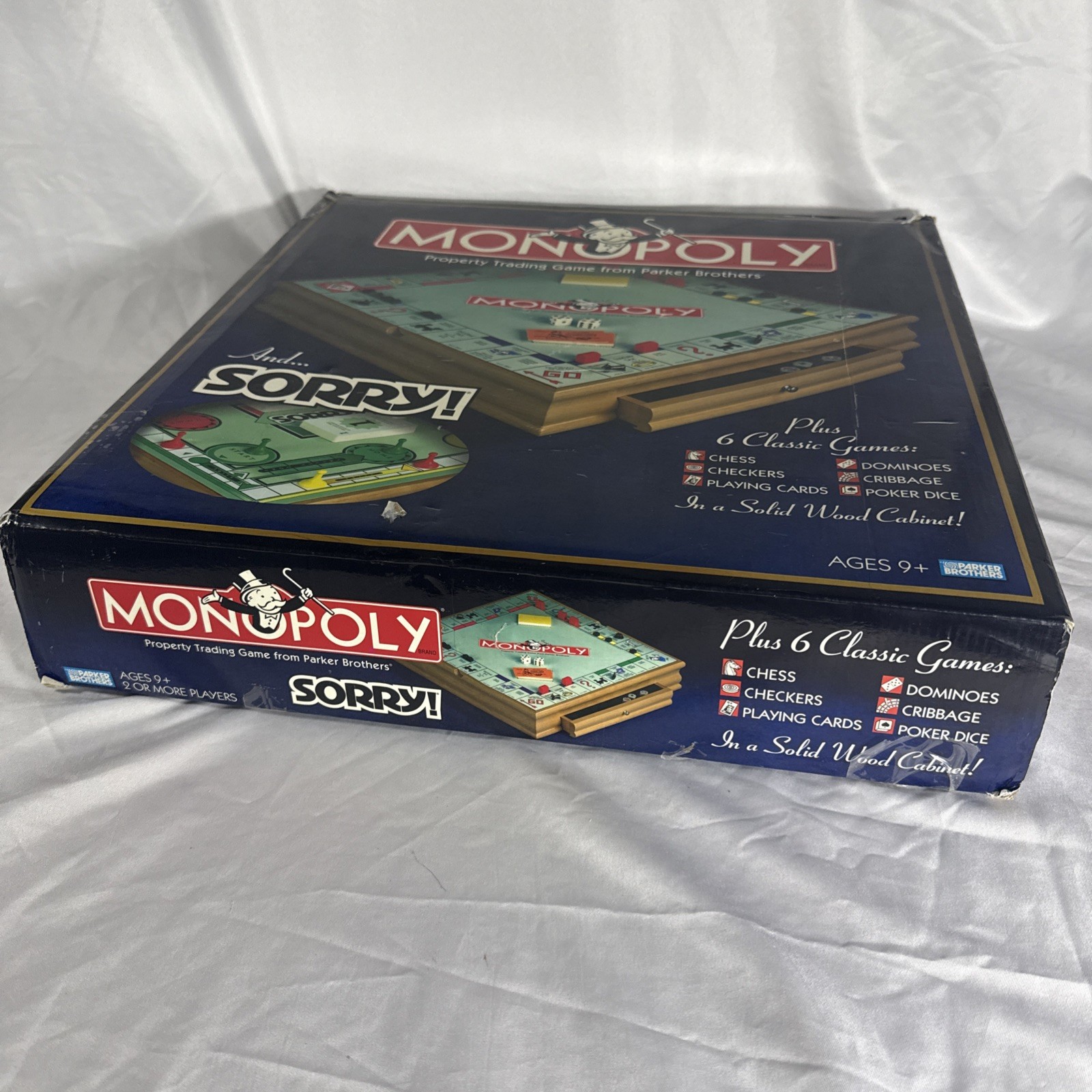MONOPOLY SORRY Plus 6 Classic Games Tabletop Solid Wood Cabinet – Incomplete