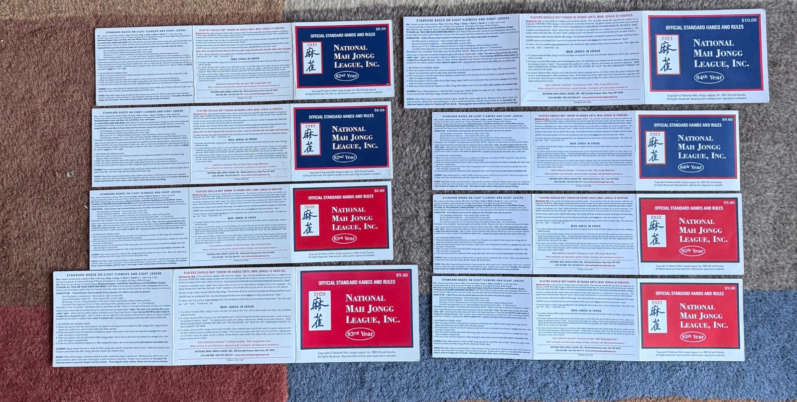 8 National Mah Jongg League Standard Hands And Rules Cards 2019 – 2022 (2 each)