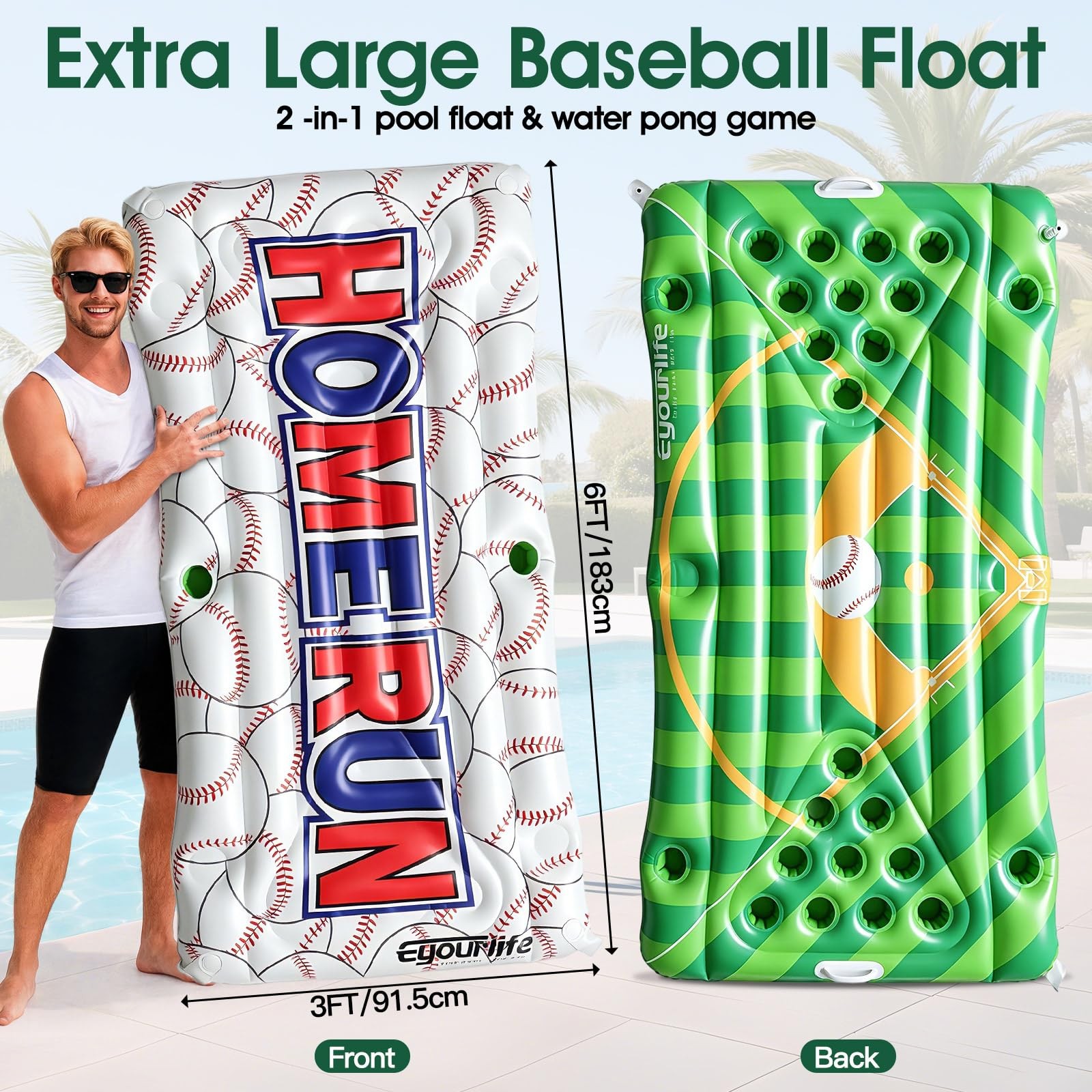 Baseball Pool Float & Inflatable beer Pong Table – 6ft Heavy Duty Reversible …