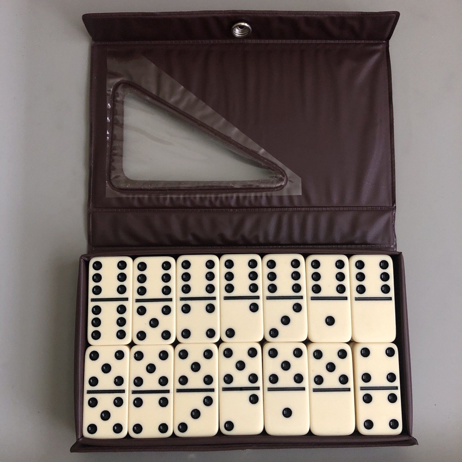 Set of Double Six Professional White Ivory Marbleized Dominoes in Case Vintage