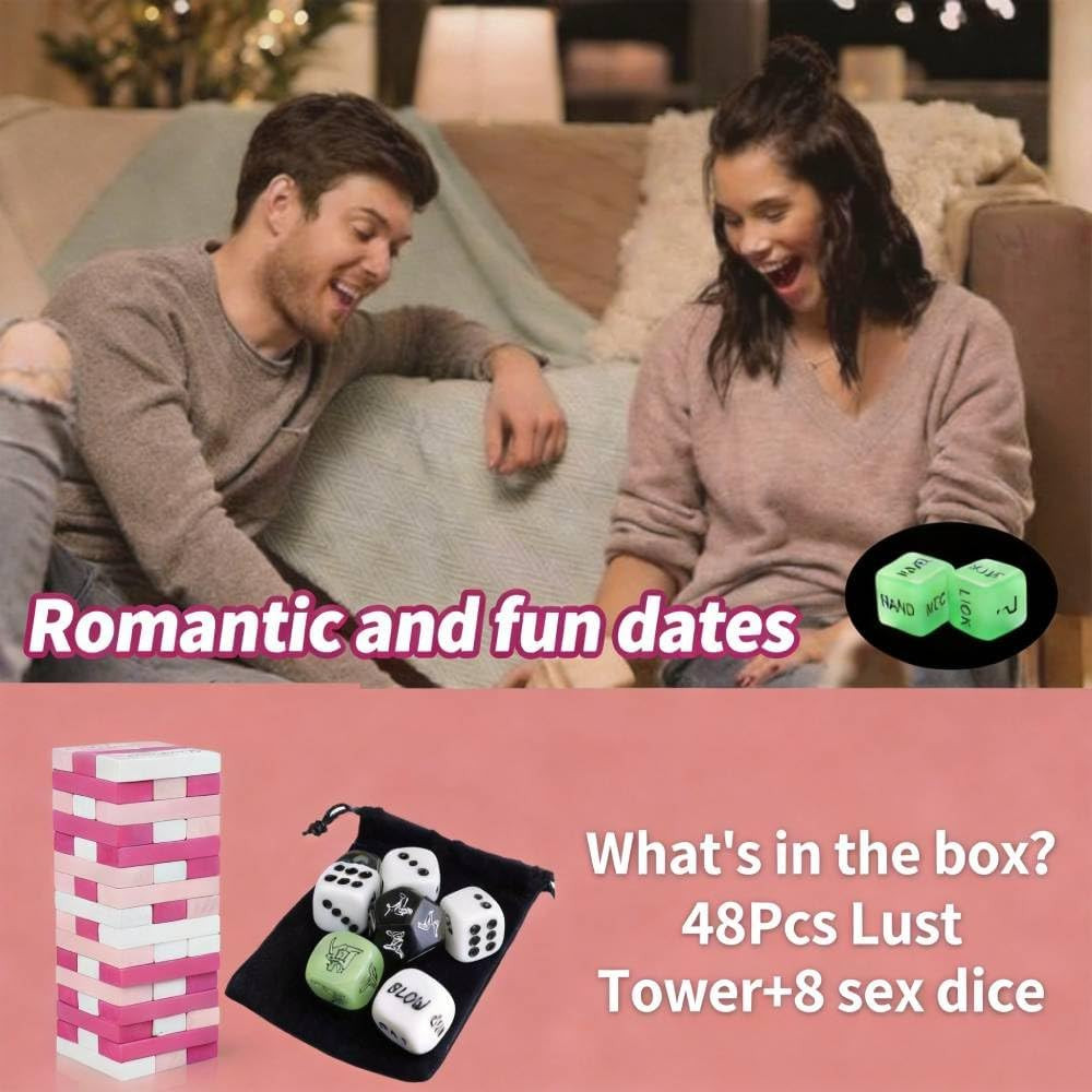 Couple Lust Tower Game – 48PCS Wooden Naughty Blocks & 8 Sex Dice Set (3 Glow in