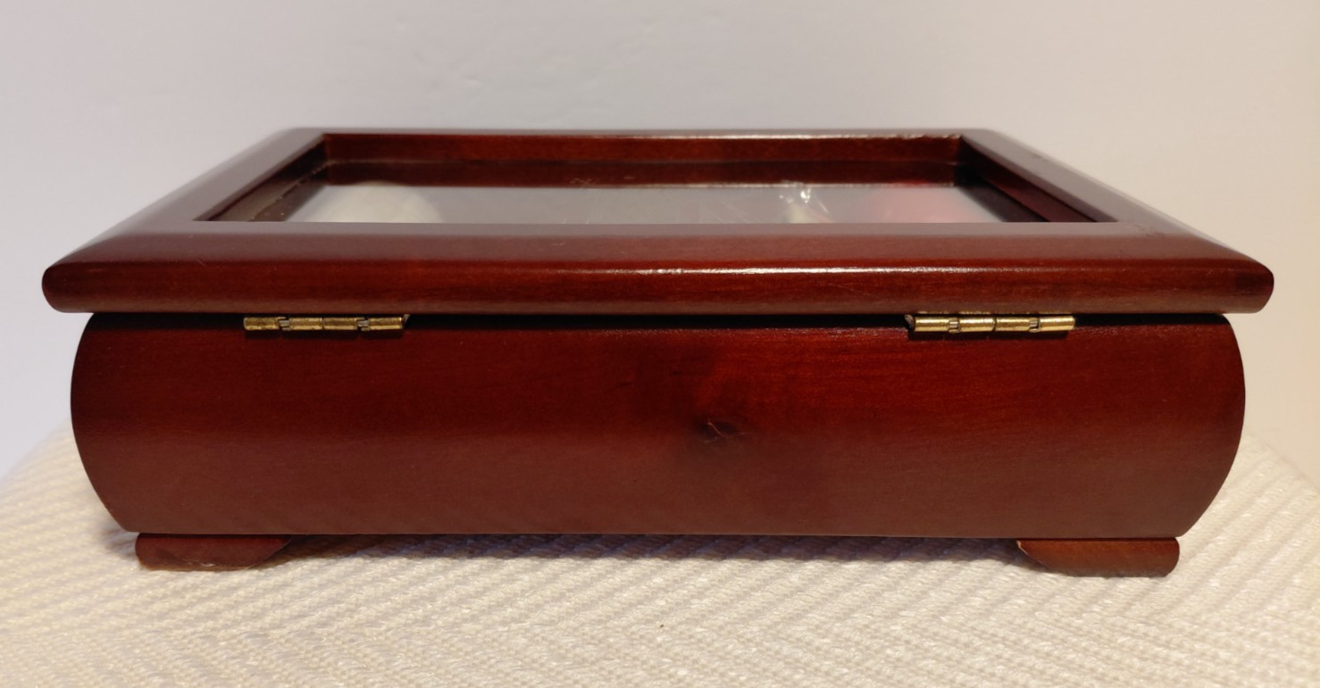 Poker set in wooden & glass box -sealed 2 sets dice/2 decks cards/2 chips-VTG