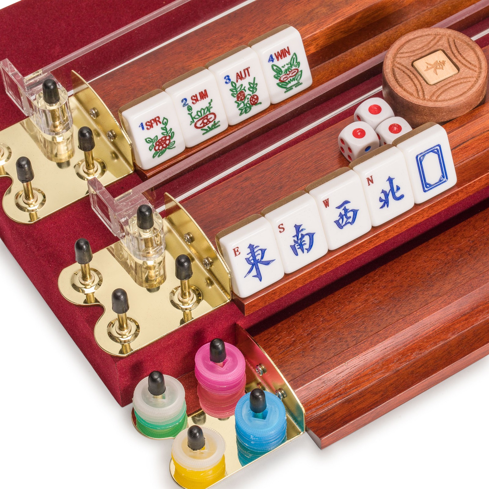 American Mahjong Set, “Golden Fortune” with Inlaid Wooden Case, Racks, Pushers