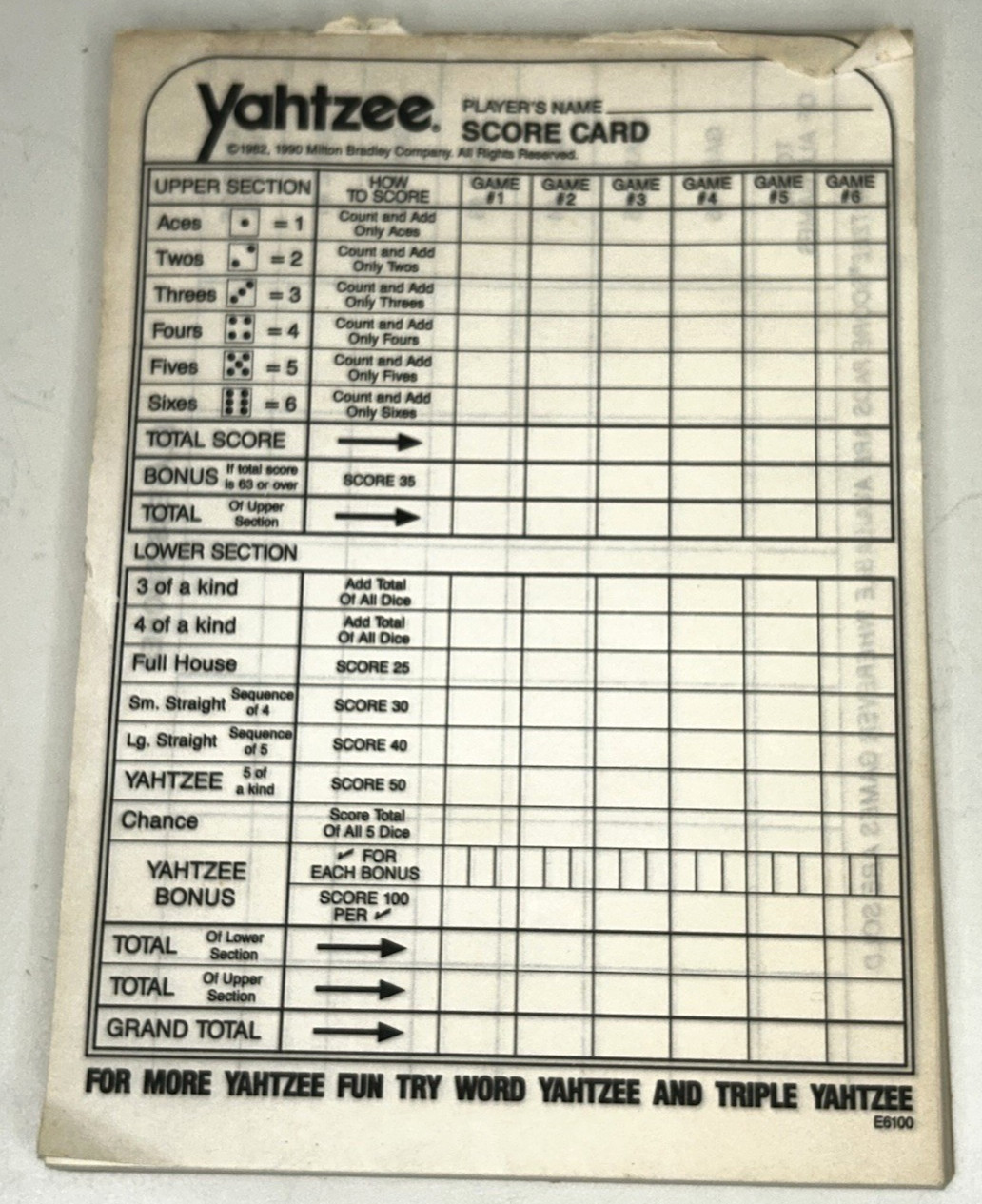 Yahtzee Score Card Pad Replacement Refill Sheets Lowe Milton Bradley 75-80 pages