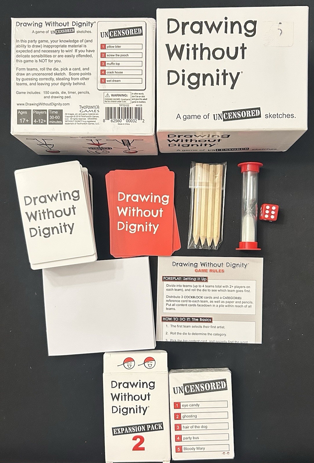 Drawing Without Dignity Board Game Complete + Expansion Pack 2 Cards Sealed