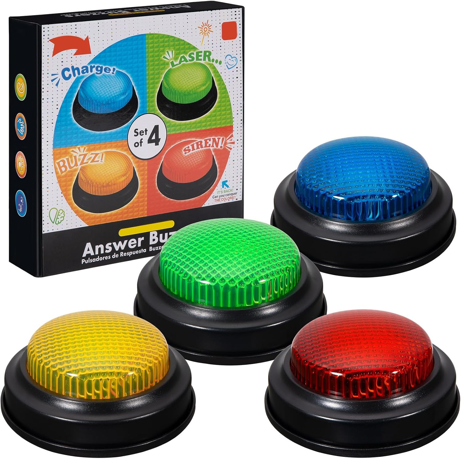 Set of 4 Trivia Game Buzzers with Lights & Sound, Family Feud & Jeopardy Quiz