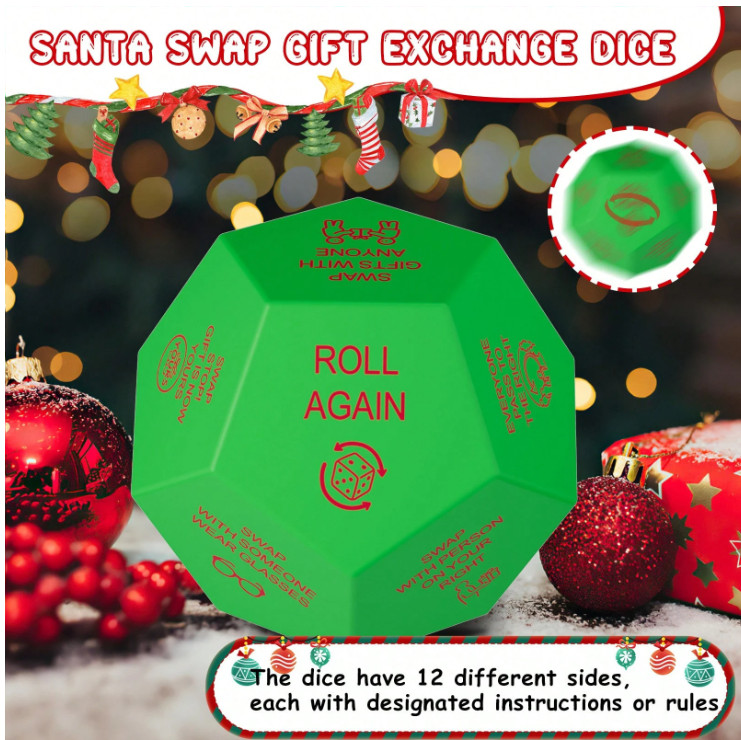Christmas Gift Exchange Dice – 12 Sides 3x3x3 Inches, Holiday Party Dice Game
