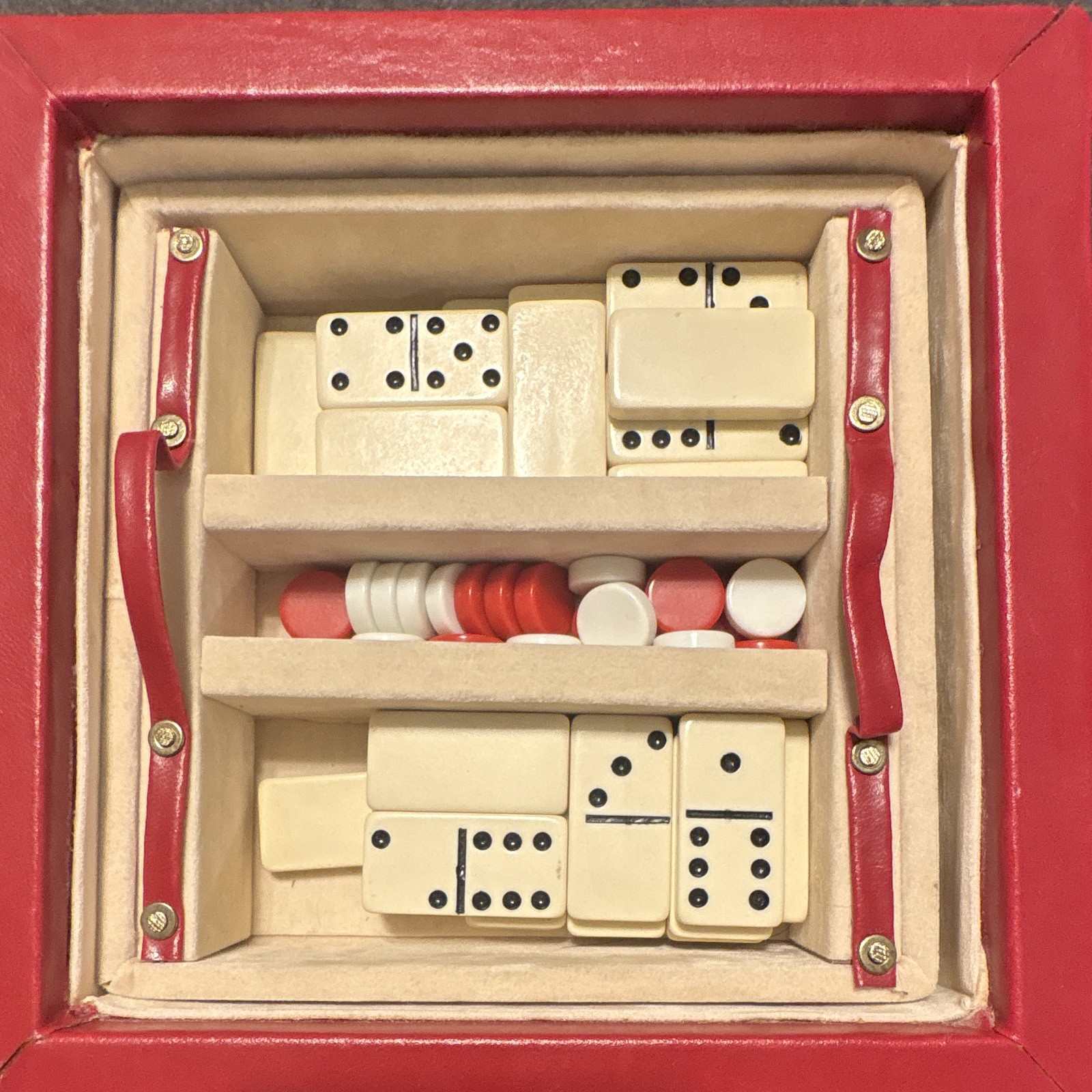 Red Dice-Shaped Travel Game Set w Board, Dominoes, Poker Chips, Cards & Dice