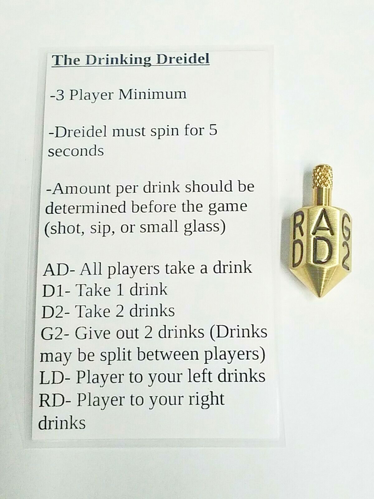 THE DRINKING DREIDEL GAME * SPINNING TOP MADE IN USA* HIGH QUALITY SOLID BRASS