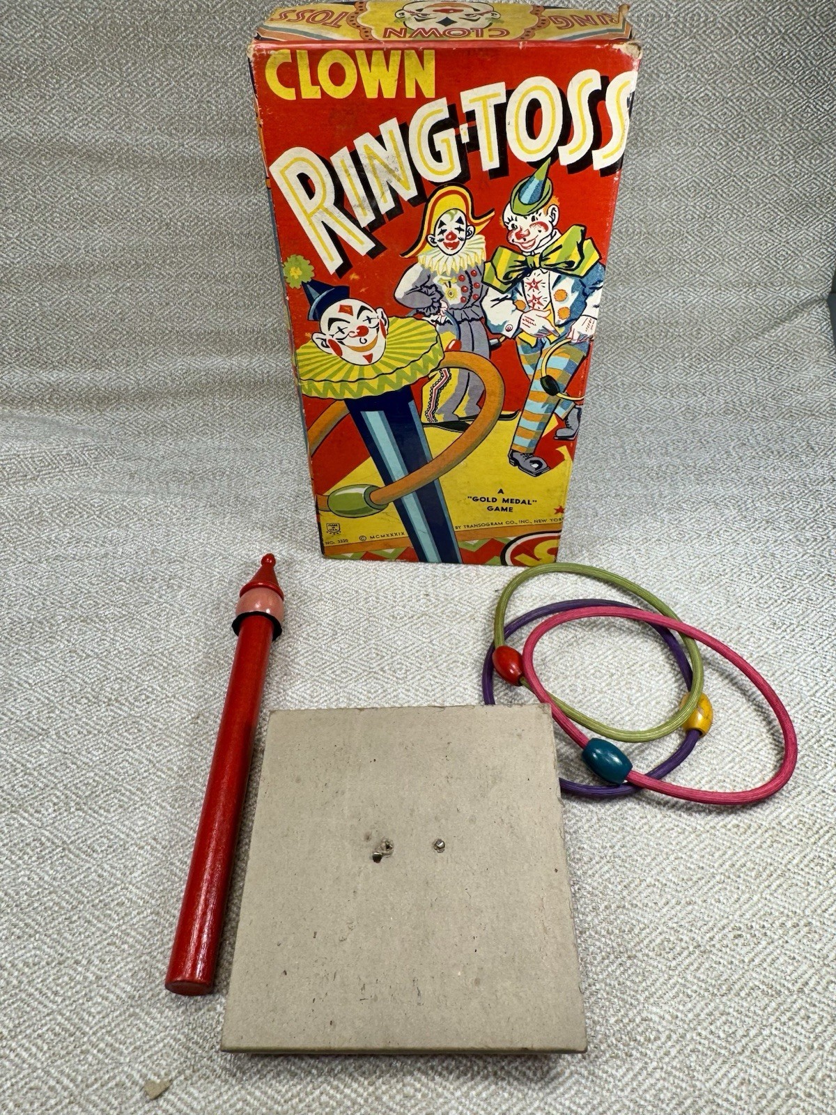 Transogram Clown Ring-Toss Game 1950s Complete w/Box Pole Rings Vintage