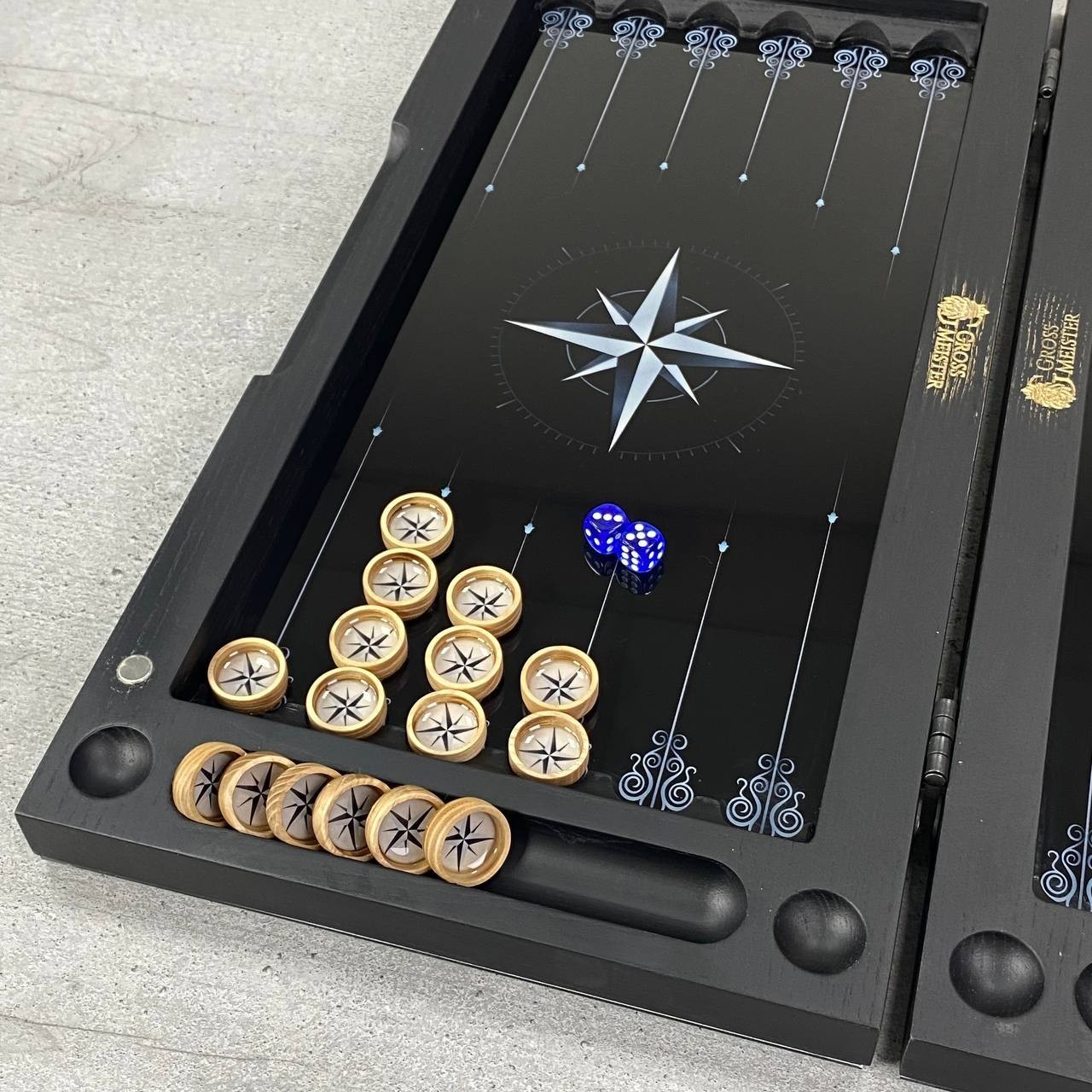 Glass & Wood Backgammon Set with Compass Design, Custom Board Game, 20×10 in
