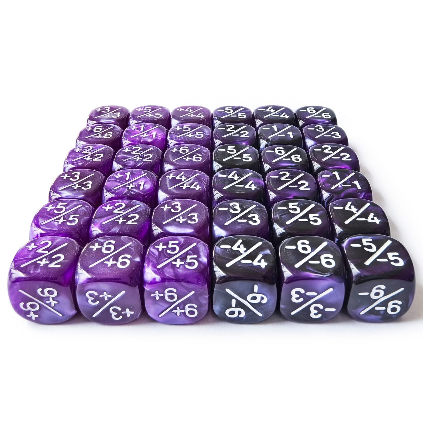 Set of 36 Positive and Negative Dice Counters in 12mm Purple and Violet Sc…