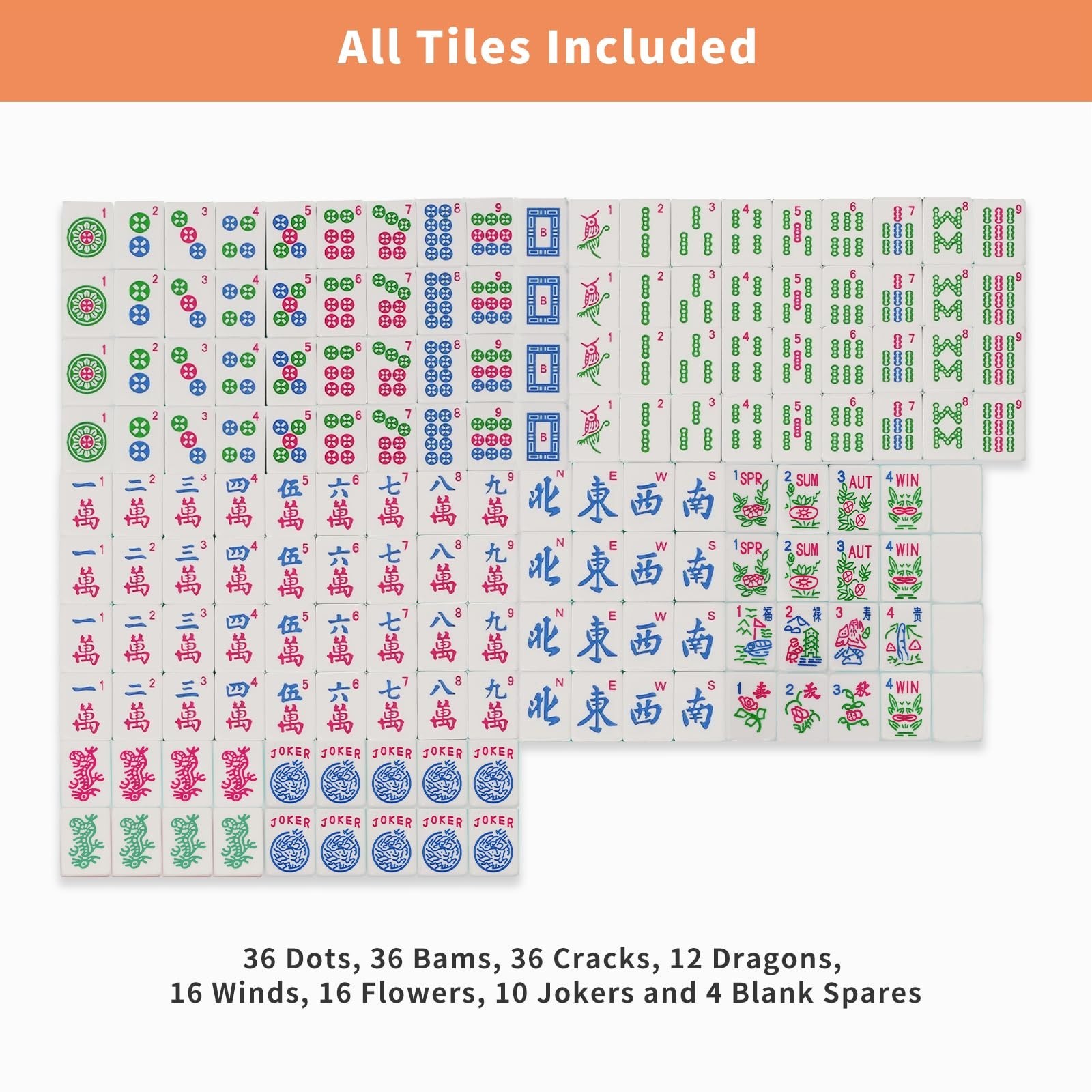 Colorful Mahjong Tile Set with 2 Dice, 166 Engraved Tiles (1.2”) – American Styl