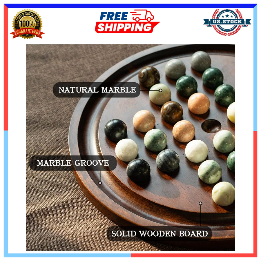 12.6” Wooden Solitaire Board Game Single Player Strategy with Marble Balls Set