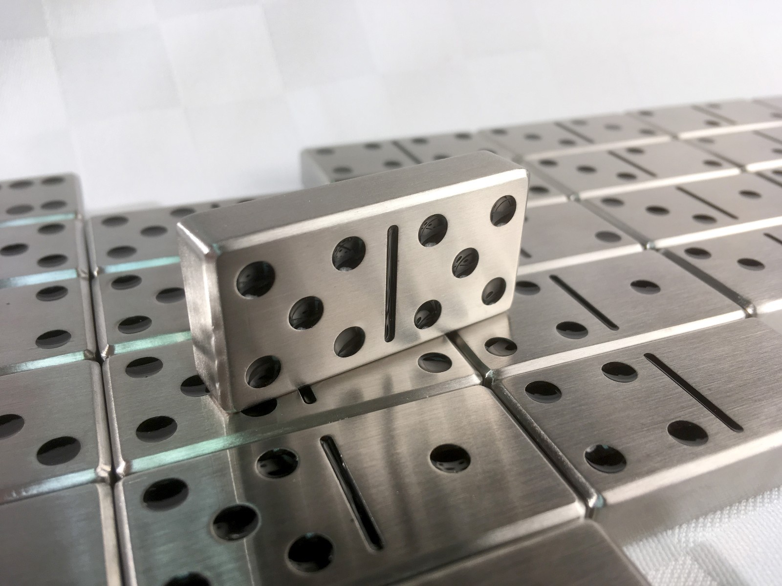 Double Six Set of Stainless Steel Dominoes – Black Dots