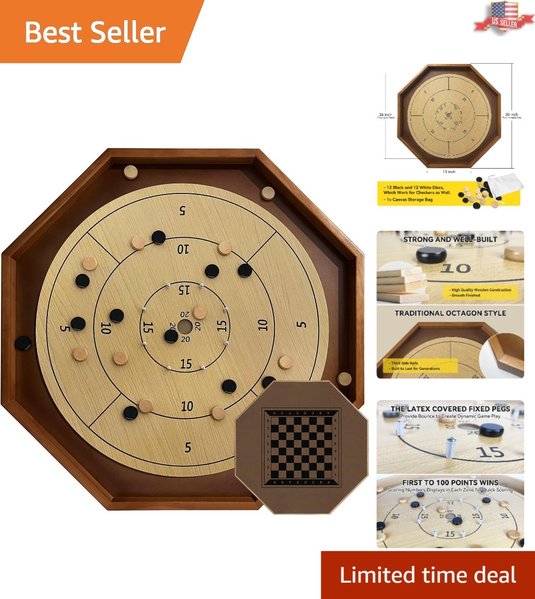 Family-Friendly 2-in-1 Crokinole and Checkers Board – 30 Inch Tournament Size