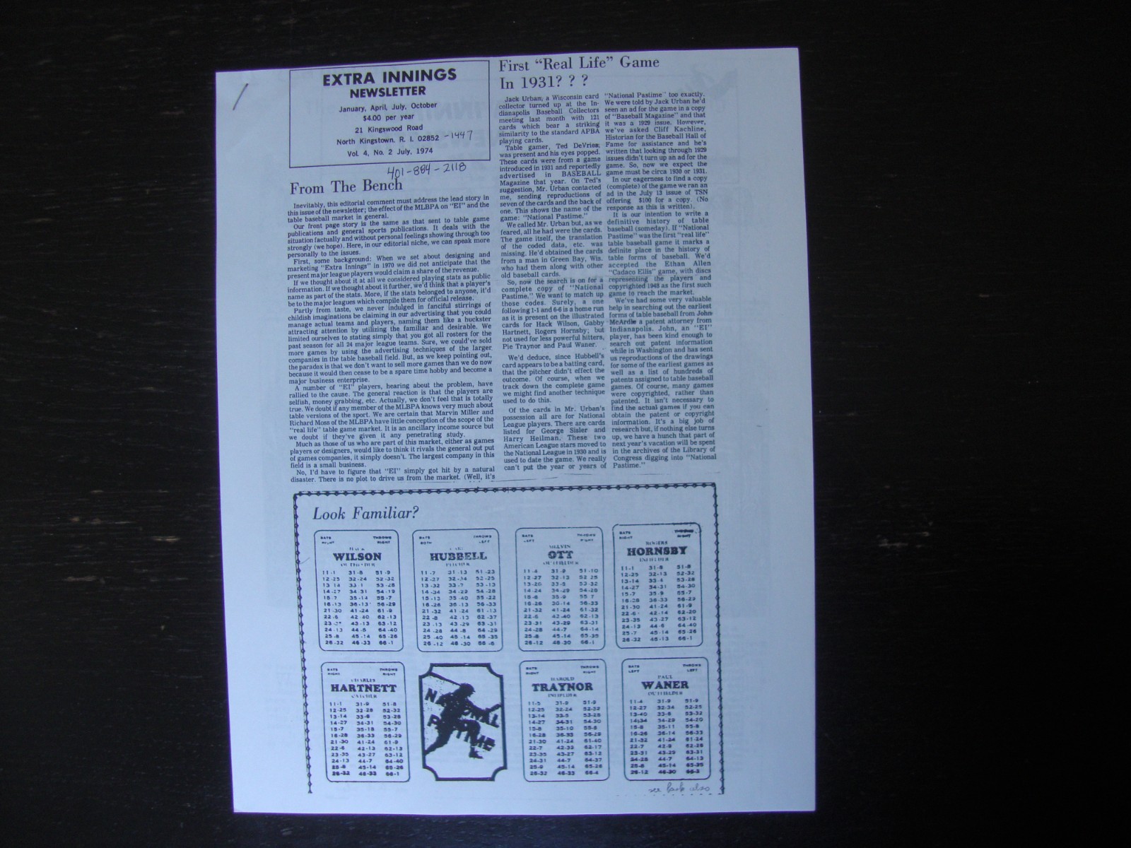 REPRINT 1930 NATIONAL PASTIME BASEBALL BOARDGAME. APBA BASEBALL’S “GRANDDADDY”!