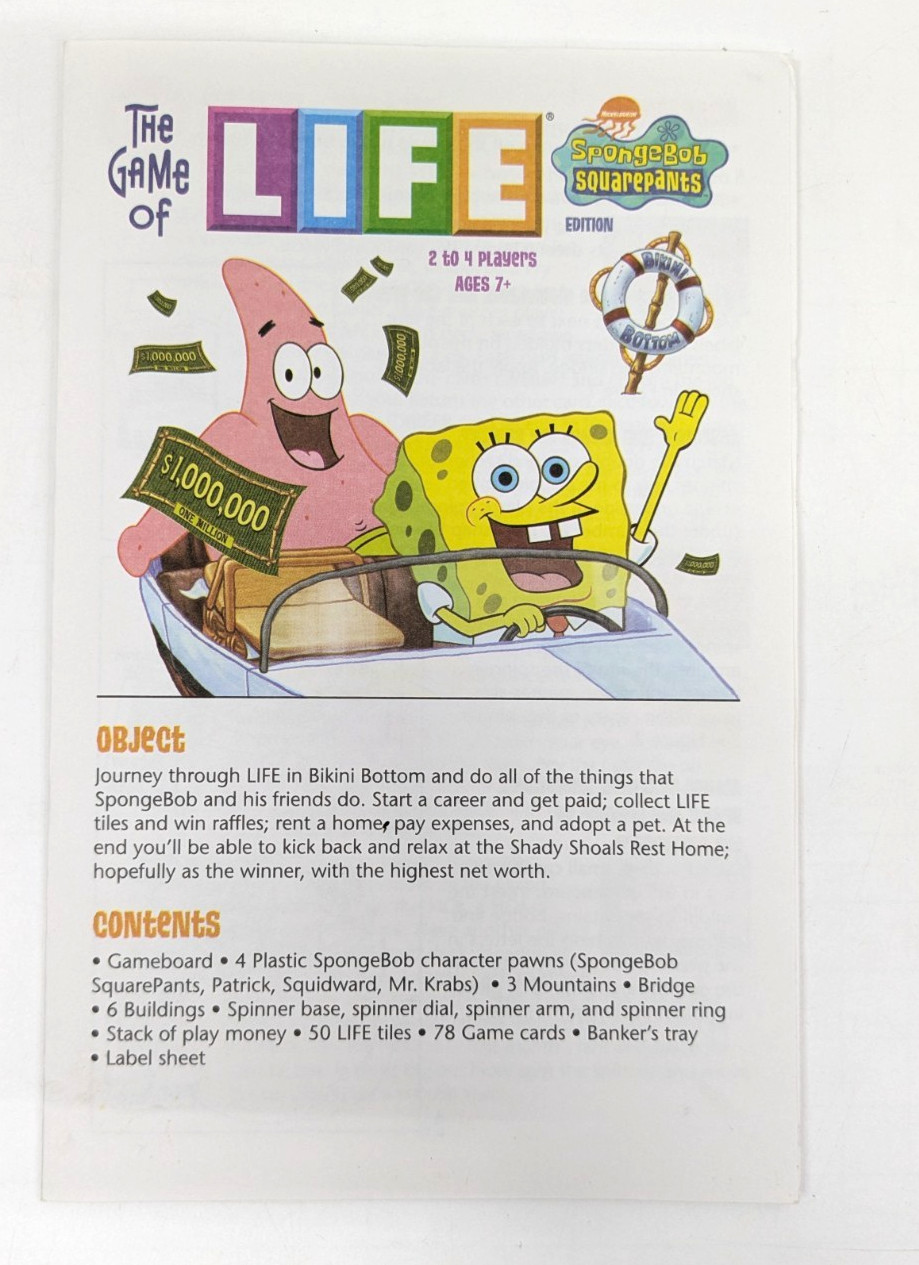 2005 The Game of Life SpongeBob SquarePants Edition Milton Bradley Nickelodeon