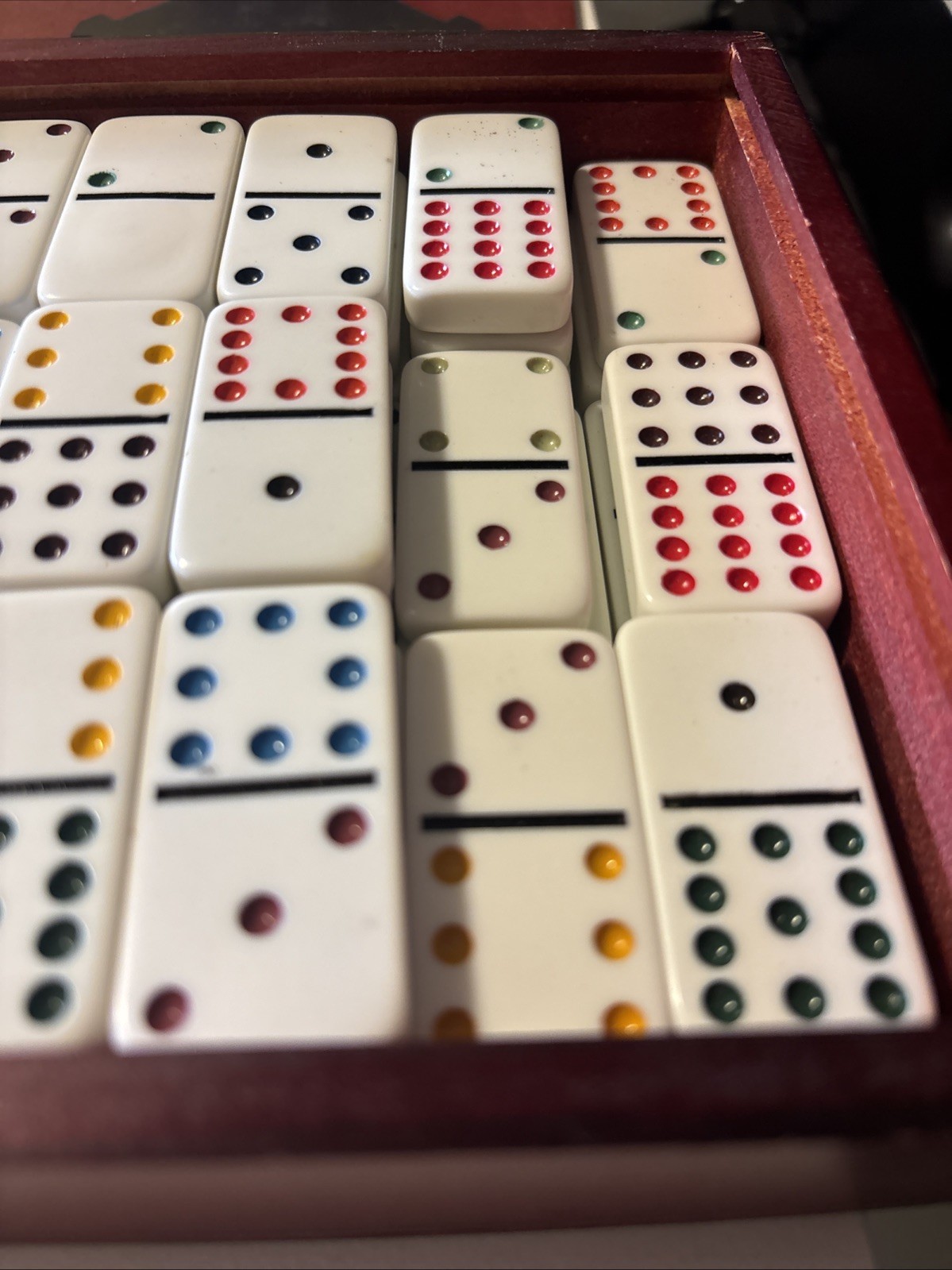 Vintage Dominoes Set of 91 Double Twelve Set In Color, Wooden Case & Central Hub