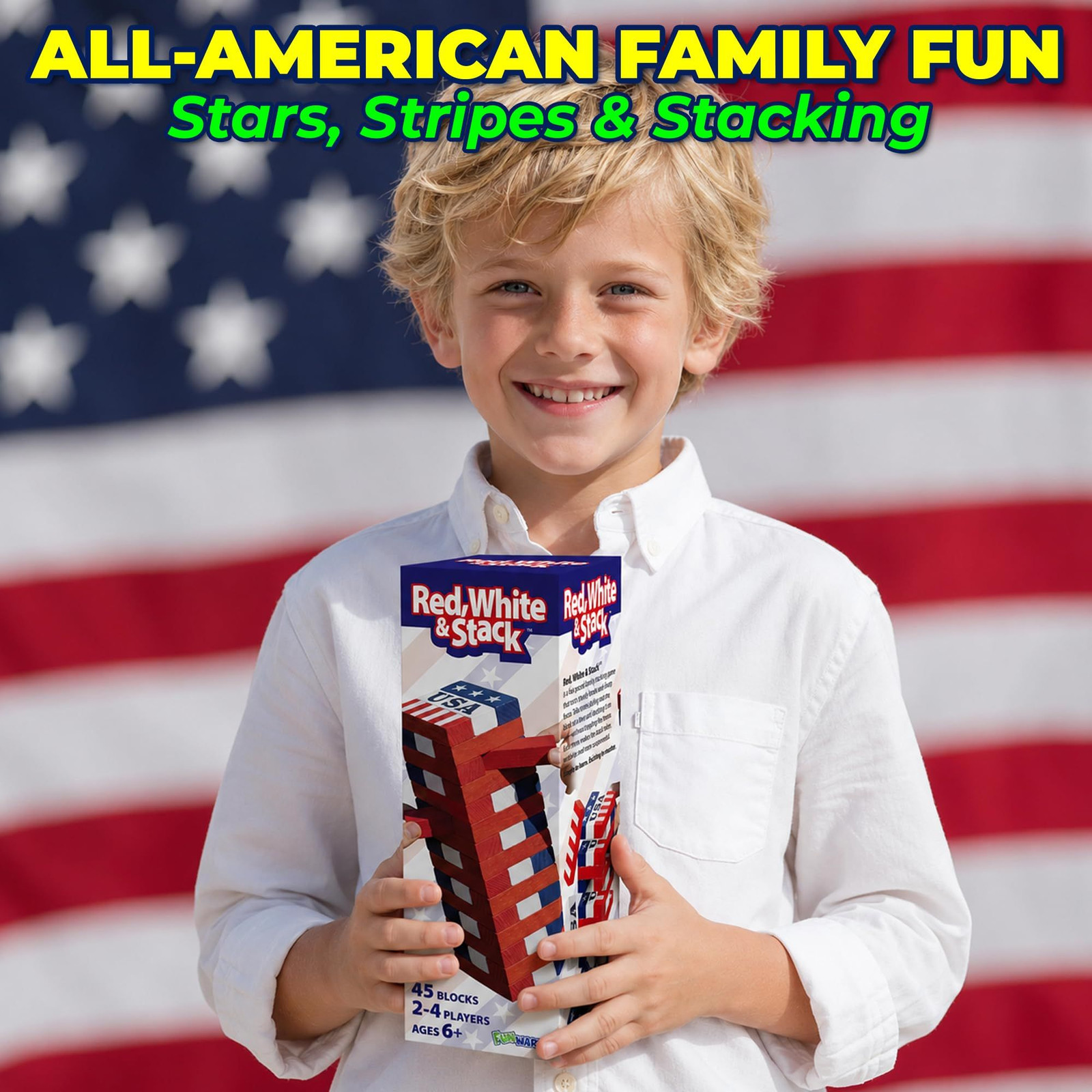 Funwares Red, White & Stack, Patriotic Wooden Standard, White, Blue