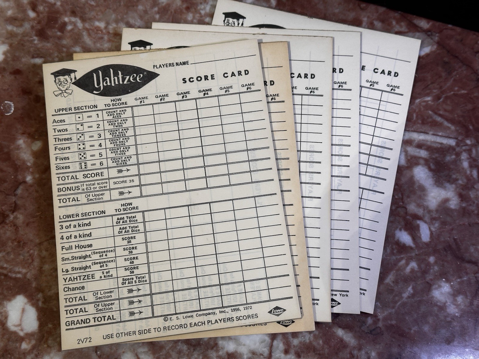 Vintage Yahtzee Game E.S. Lowe Co. 1956 1972 Complete Dice Cup Chips Score Cards