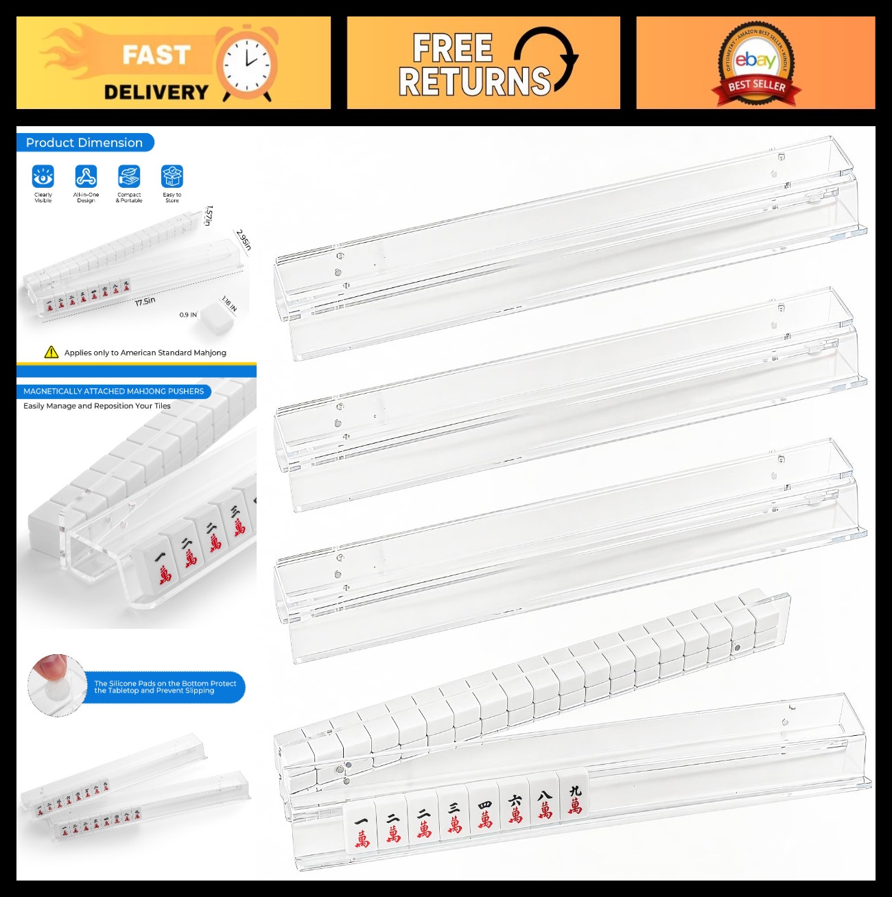 Set of 4 Acrylic Mahjong Racks with Magnetic Pushers & Non-Slip Pads – 17.5