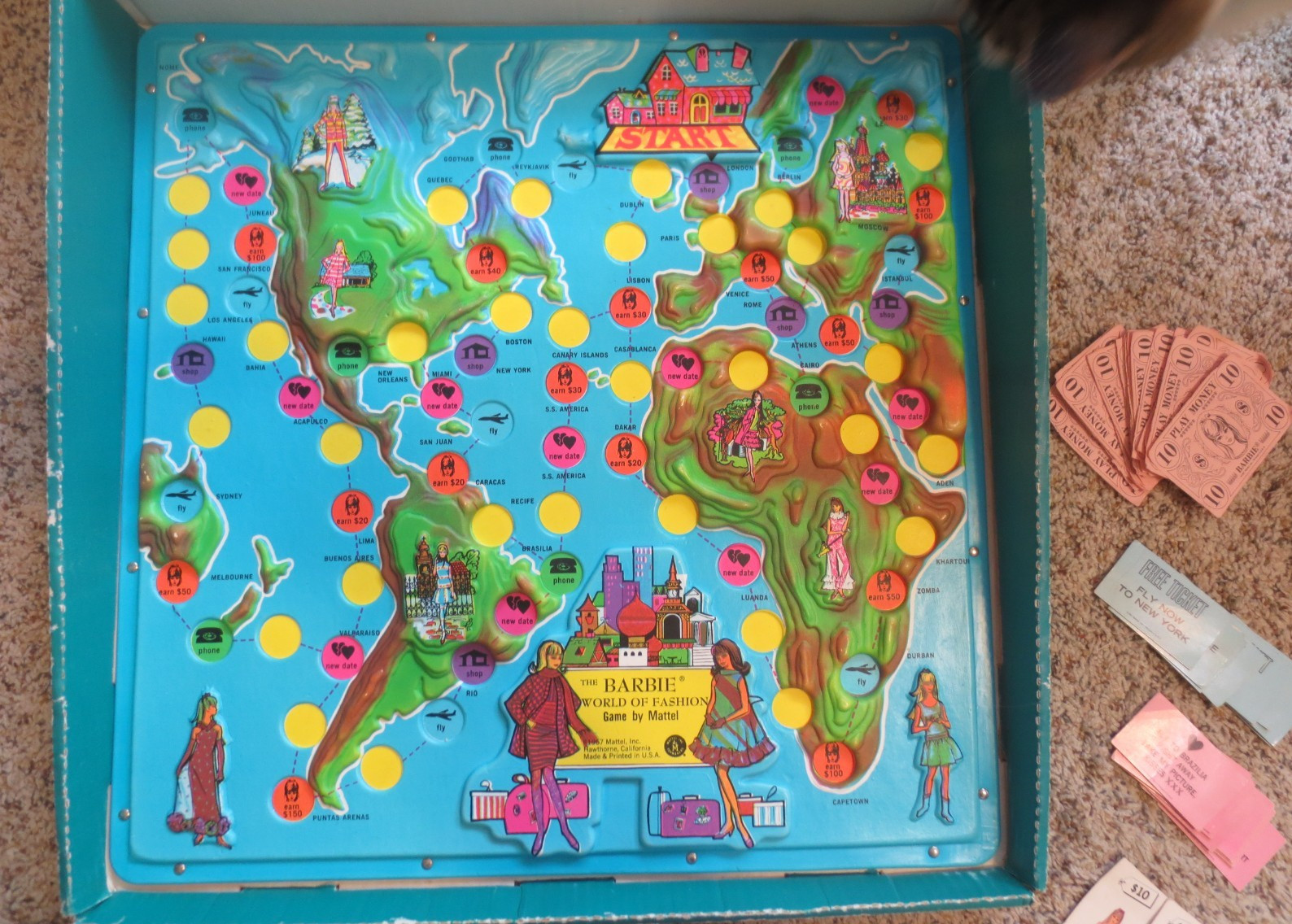 Mattel Barbie World Of Fashion Round The World Molded Board Game 1967