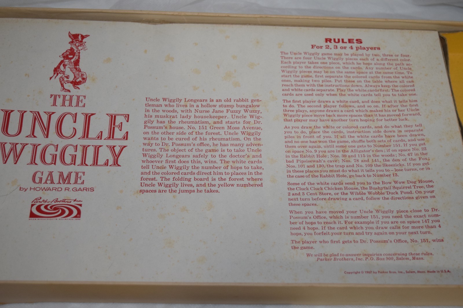 Vintage 1967 Uncle Wiggily Board Game Parker Brothers 100% Complete GUC