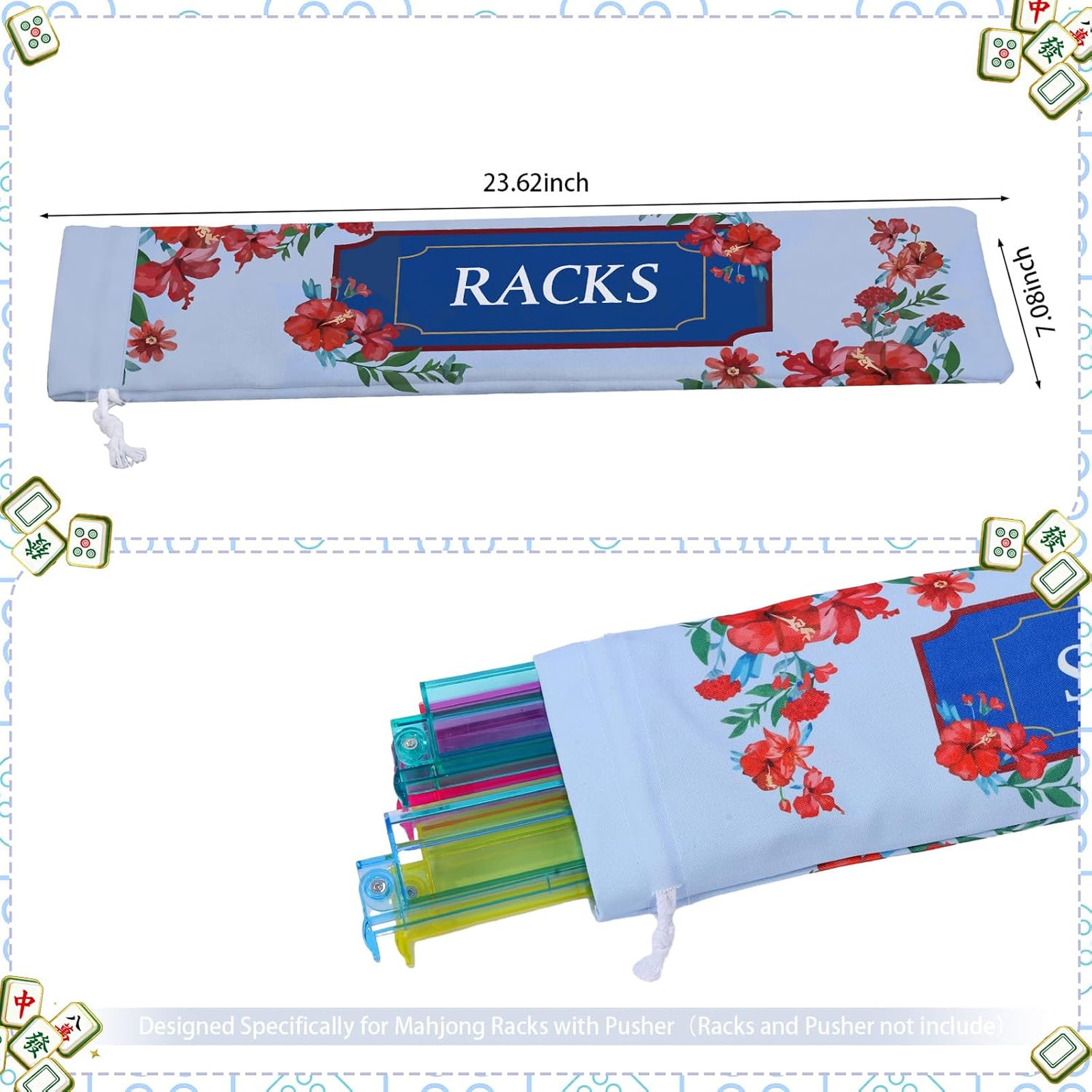 Mahjong Bag Set for Tiles and Racks Cotton Canvas 24x13x4.7 Inch Red Flowers