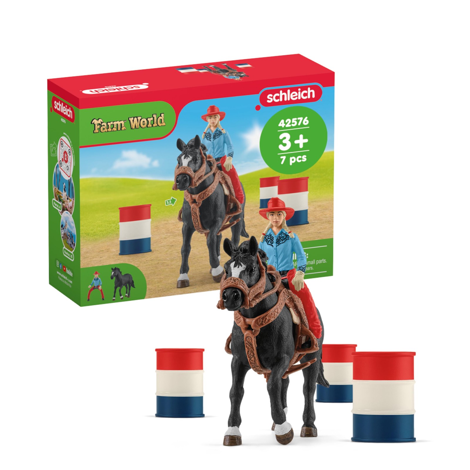 Schleich Farm World 7PC Barrel Racing Set Cowgirl Horse Figurine 42576 Western