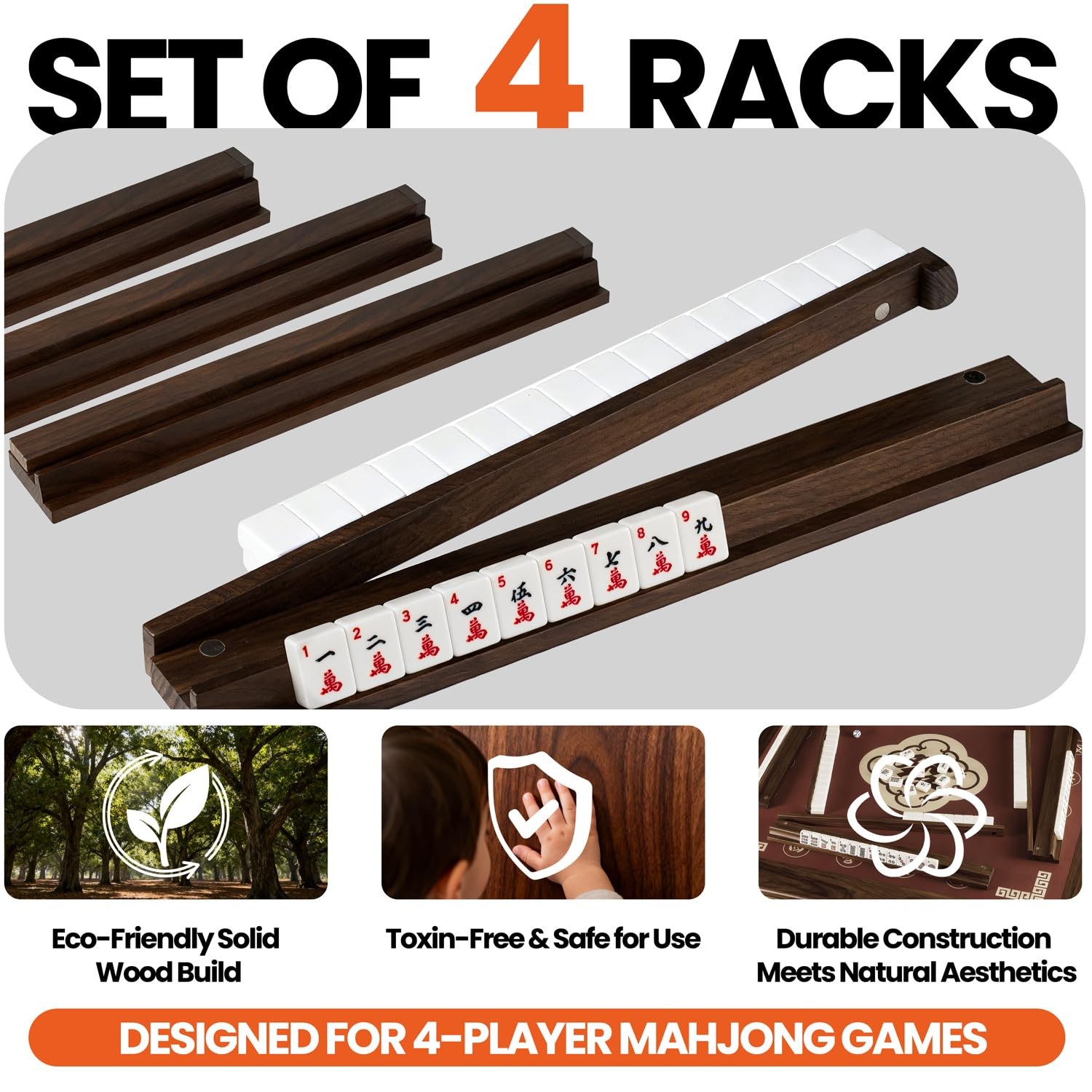 American Walnut Wood Mahjong Racks with Pushers, 4Pcs Mahjong Racks Set for Mahj