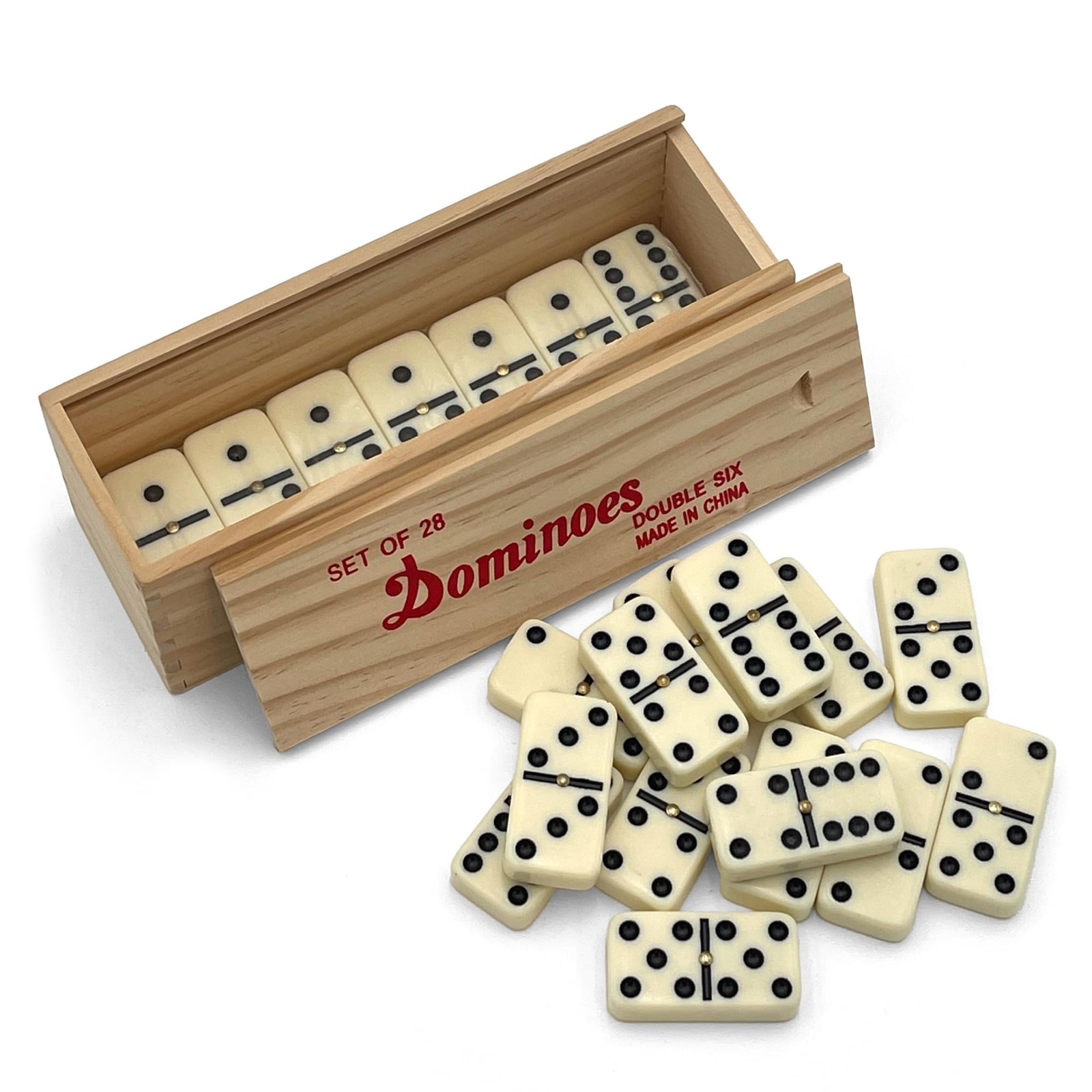 Double 6 Jumbo Size Faux Tiles with Spinner in Wooden Box – Cream Ivory Color