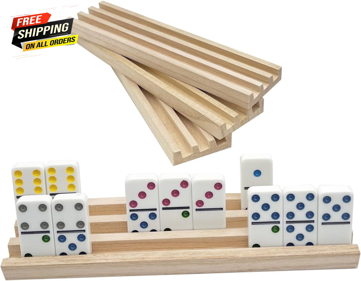 Wooden Domino Racks Set of 4 Natural Domino Trays Holders Organizer for Mexican