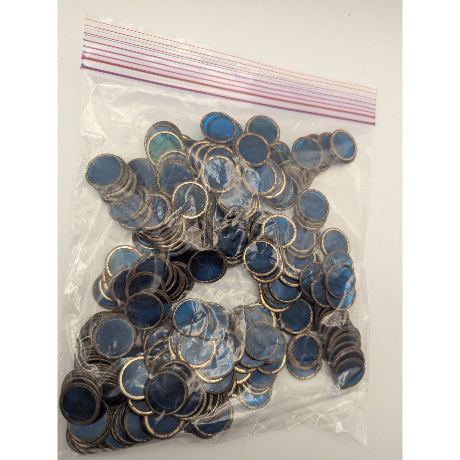 Vintage Bingo Markers Metal Rims Bulk Lot 6.5 oz Round Blue Green Plastic Center