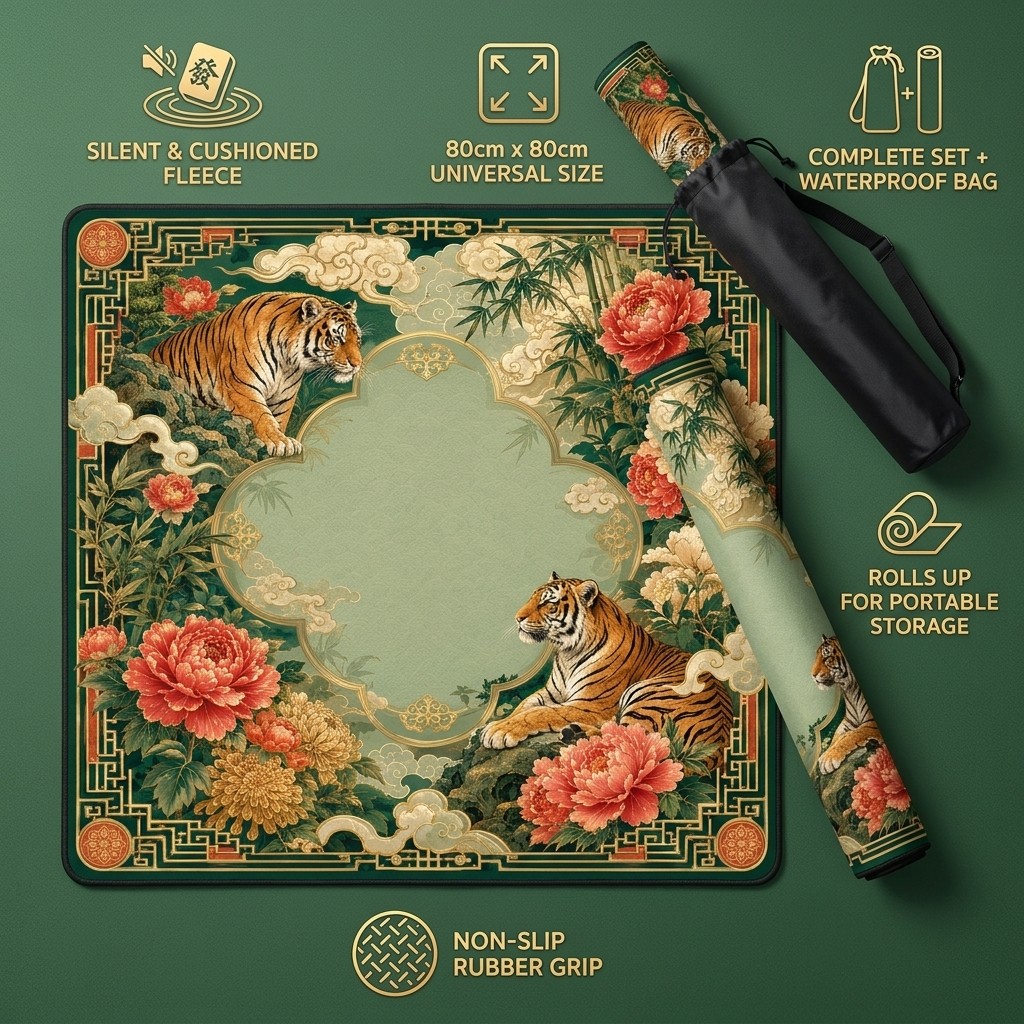 Chinese Tiger Mahjong MatNon Slip Table Pad 31.5×31.5″ With Free Carry Bag