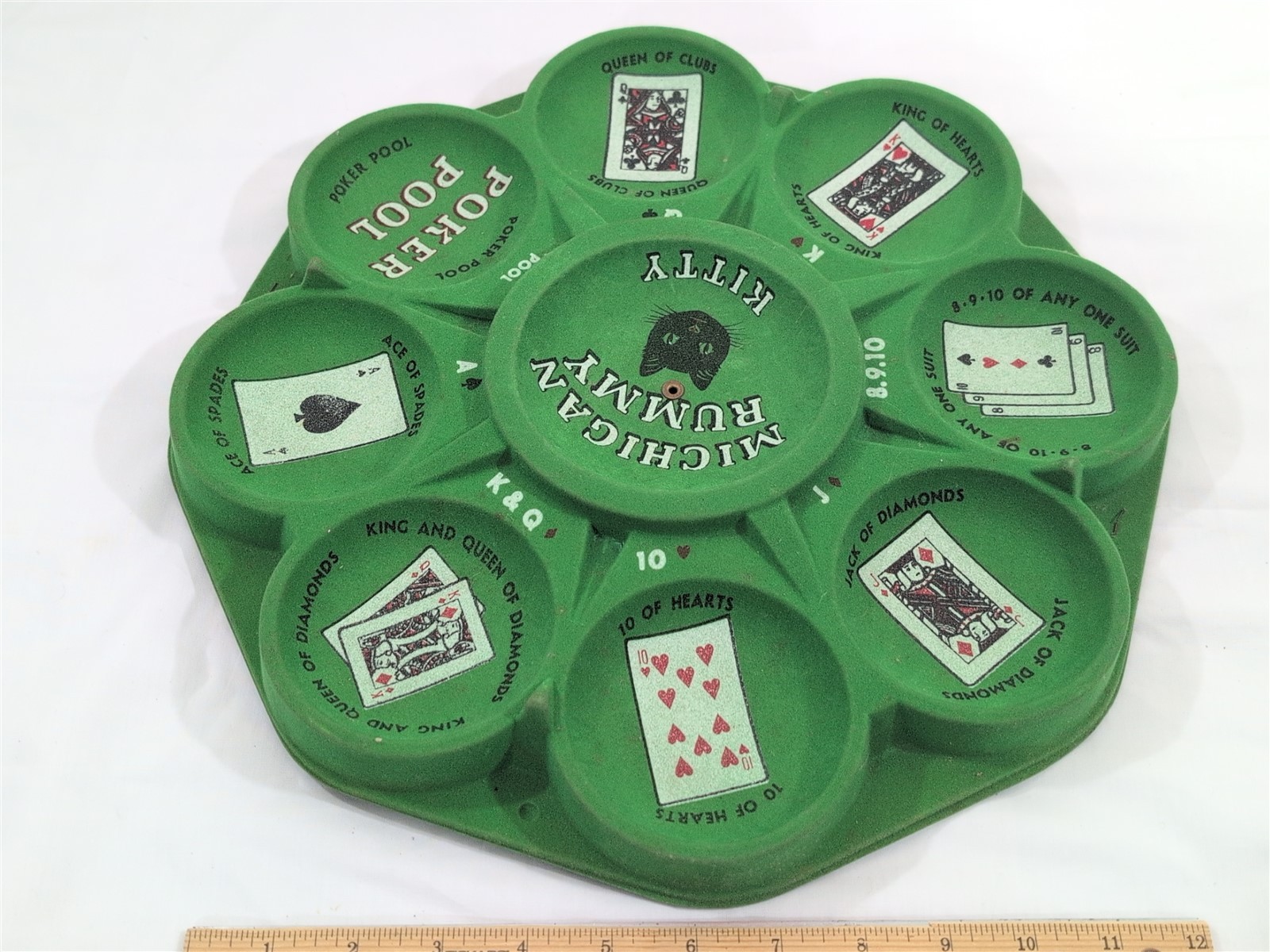 Vtg Michigan Rummy Black Cat Revolving Tray Green FELTED w/ Box RARE! Party Game