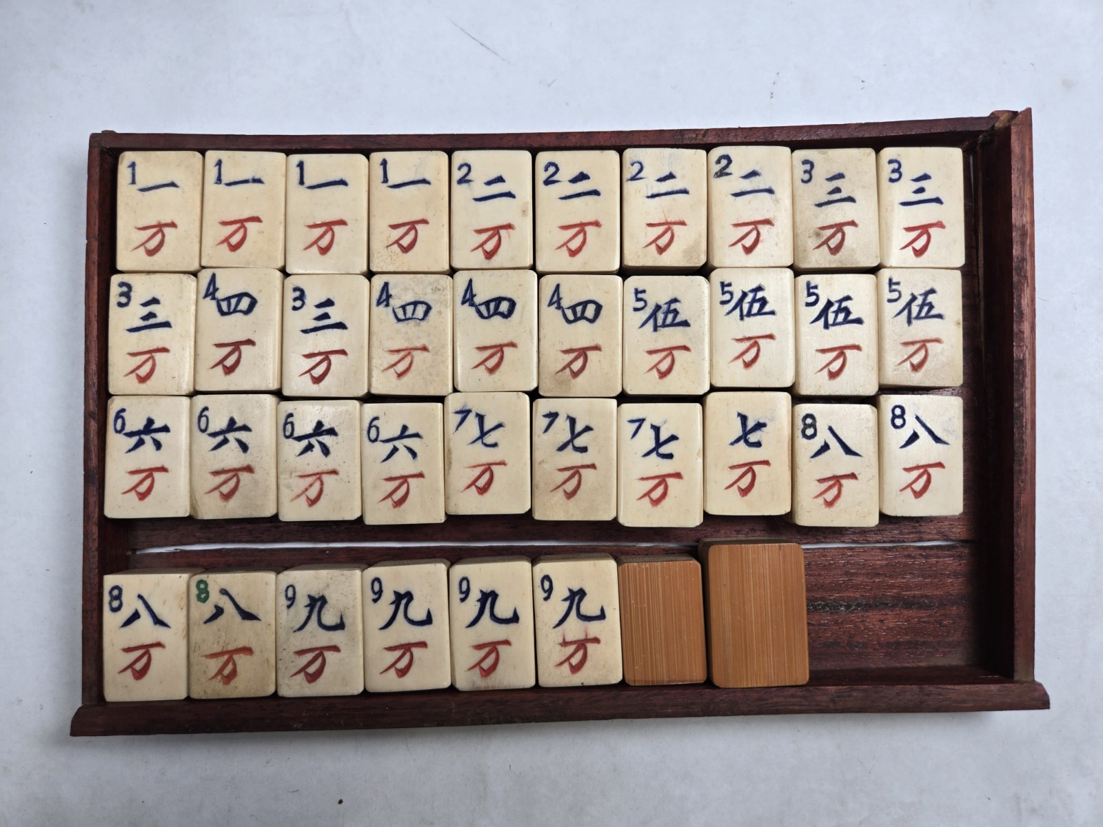 Mahjong Hand Carved Tiles in Original wood trays c.1920 Bamboo Bone 210 tiles +