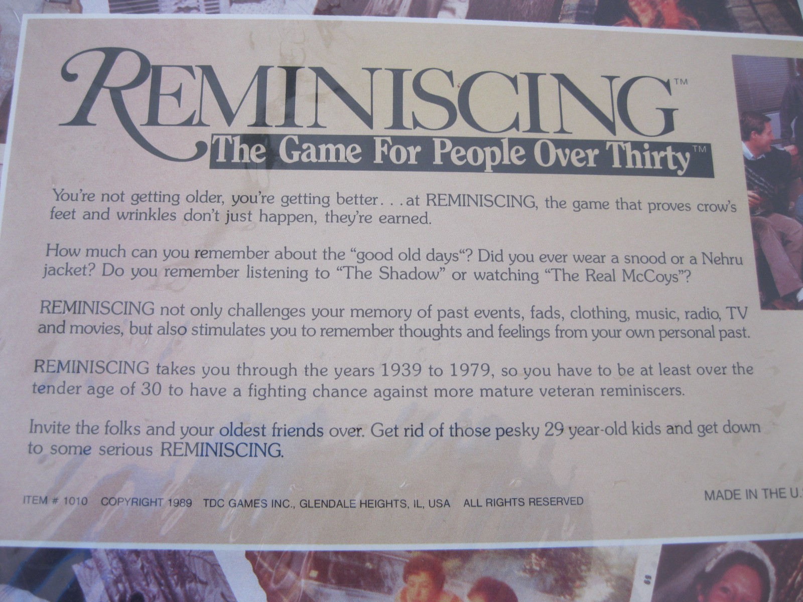 Reminiscing Board Game for People Over Thirty 1939-1979 Trivia New Sealed 1989