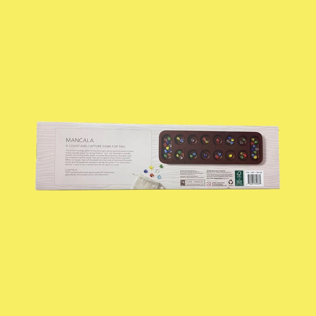 NIB WS Game Co Wood Mancala Set – FSC Solid Wood – 54 Glass Beads & Pouch – GIFT