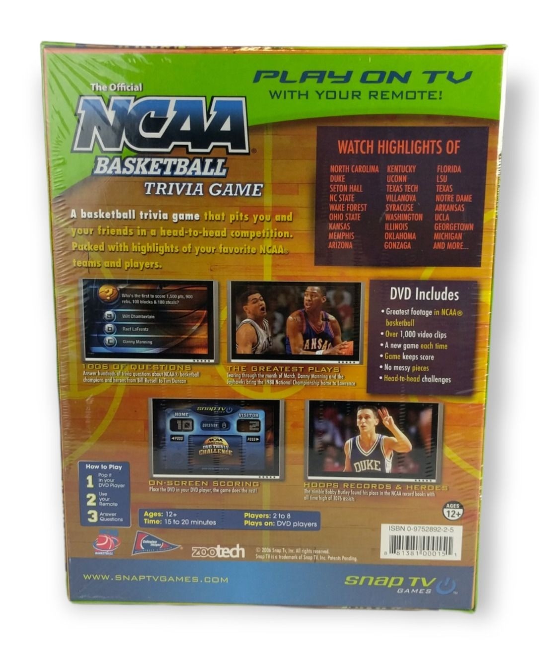 Snap TV NCAA Basketball Trivia DVD Game 2 to 8 Players (New)